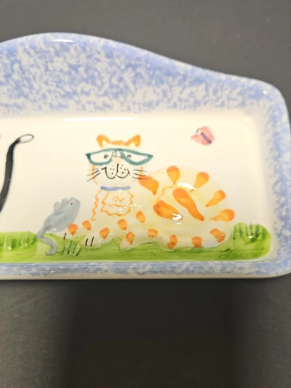 Cat Ceramic Trinket Dish - Blue and White Painted Design